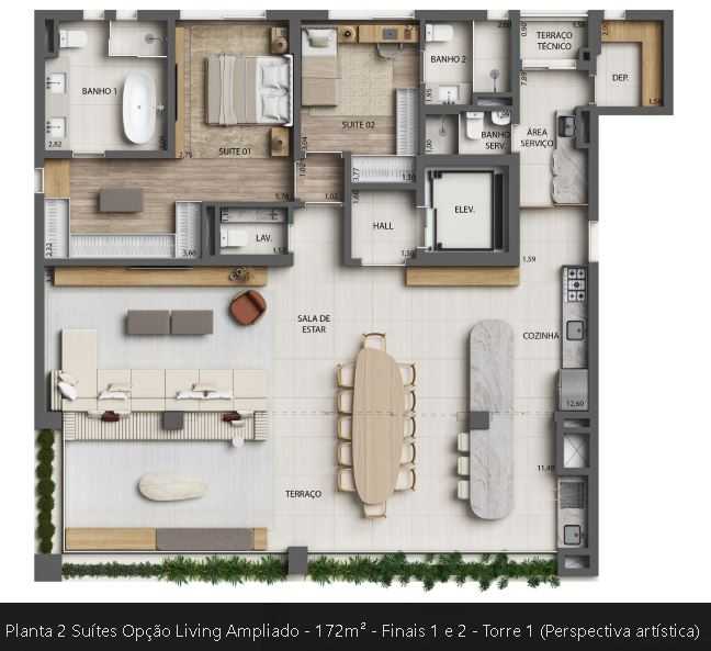 Planta - Apartamento de 172 m², 3 suítes, 3 vagas com Pilates e Quadras de Tênis em Moema próximo ao Parque Ibirapuera - PM Homes