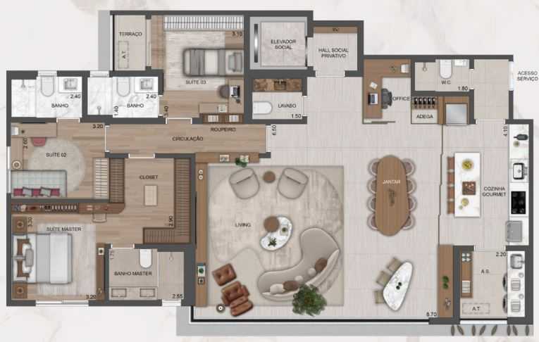 Planta - Apartamento de 170 m², 3 suítes, 3 vagas, terraço gourmet em Moema fora da rota de aviões - PM Homes