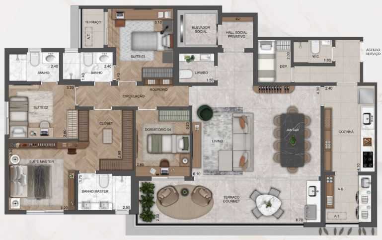 Planta - Apartamento de 170 m², 3 suítes, 3 vagas, terraço gourmet em Moema fora da rota de aviões - PM Homes