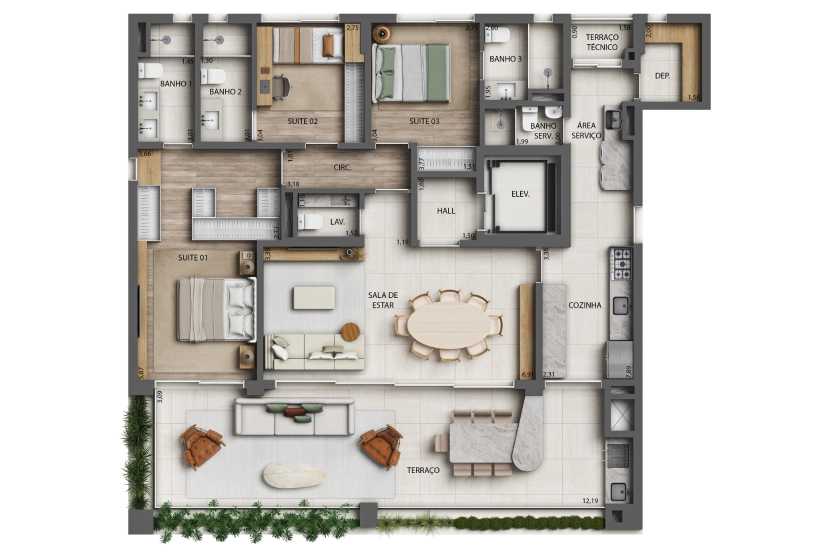Planta - Apartamento de 172 m², 3 suítes, 3 vagas com Pilates e Quadras de Tênis em Moema próximo ao Parque Ibirapuera - PM Homes